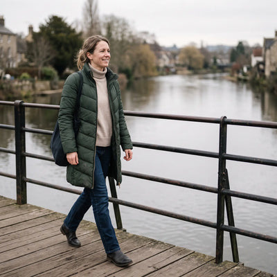Women's Long Winter Coat - Dark Green - riverside footbridge
