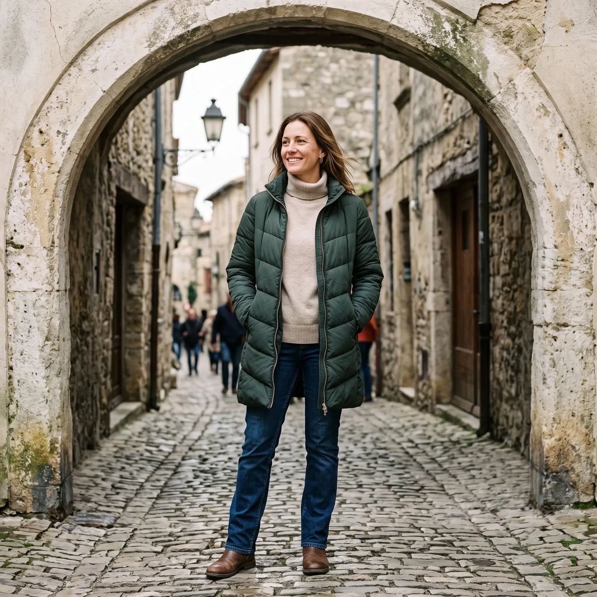 Women's Long Winter Coat - Dark Green - pale stone archway