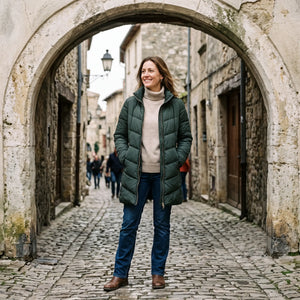 Women's Long Winter Coat - Dark Green - pale stone archway