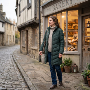 Women's Long Winter Coat - Dark Green - bakery window