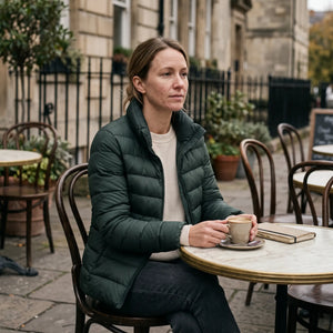 Women's Down-Feel Puffer Coat - Dark Green - quiet cafe terrace