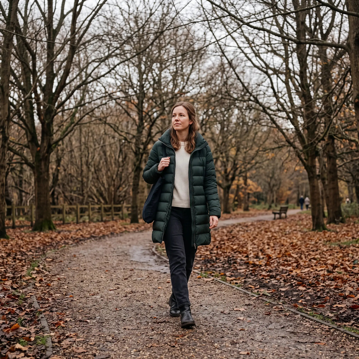 Women's Down-Feel Puffer Coat - Dark Green - autumn park path