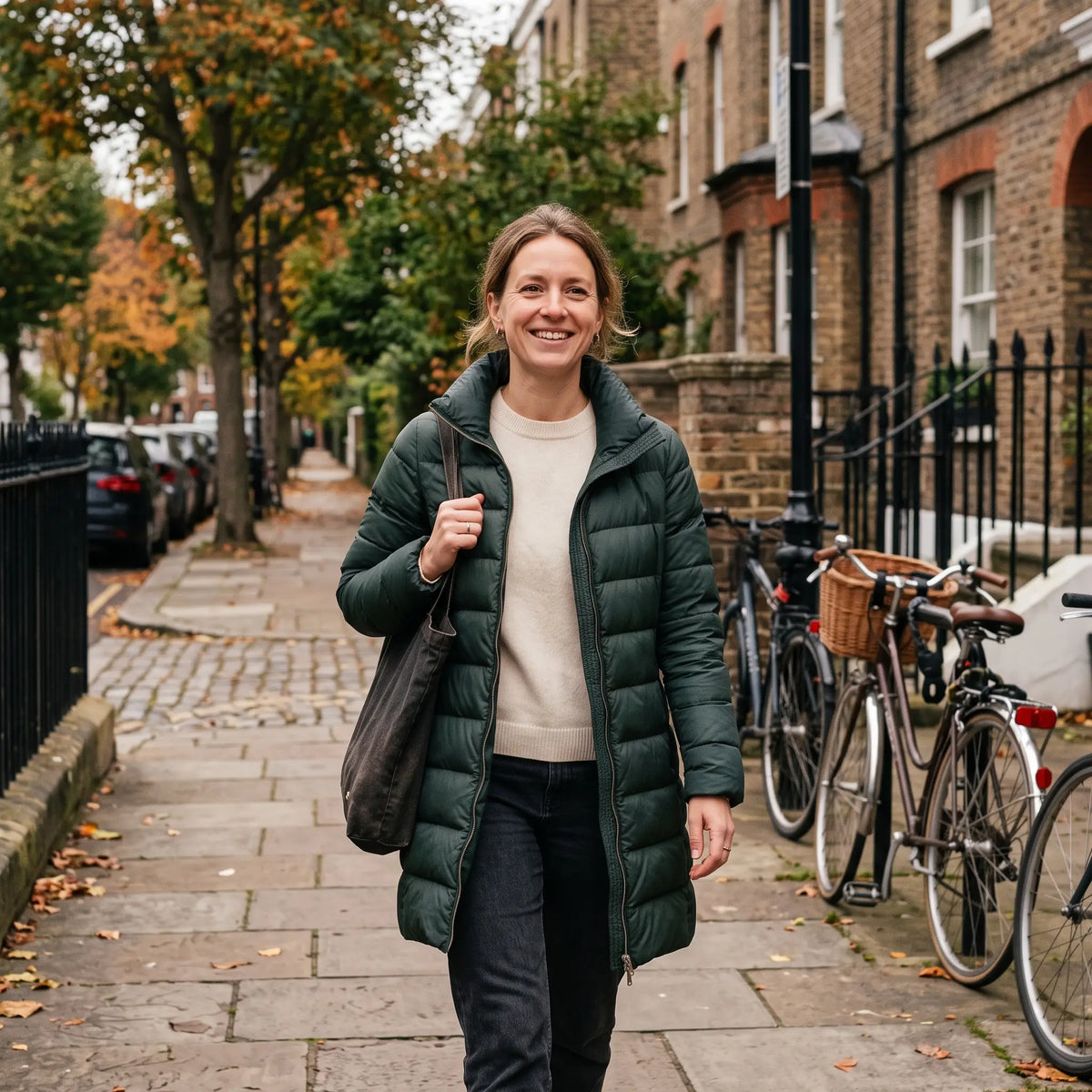 Women's Down-Feel Puffer Coat - Dark Green - tree-lined street
