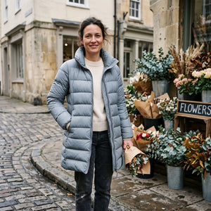 Women's Down-Feel Puffer Coat - Grey Blue - flower stall