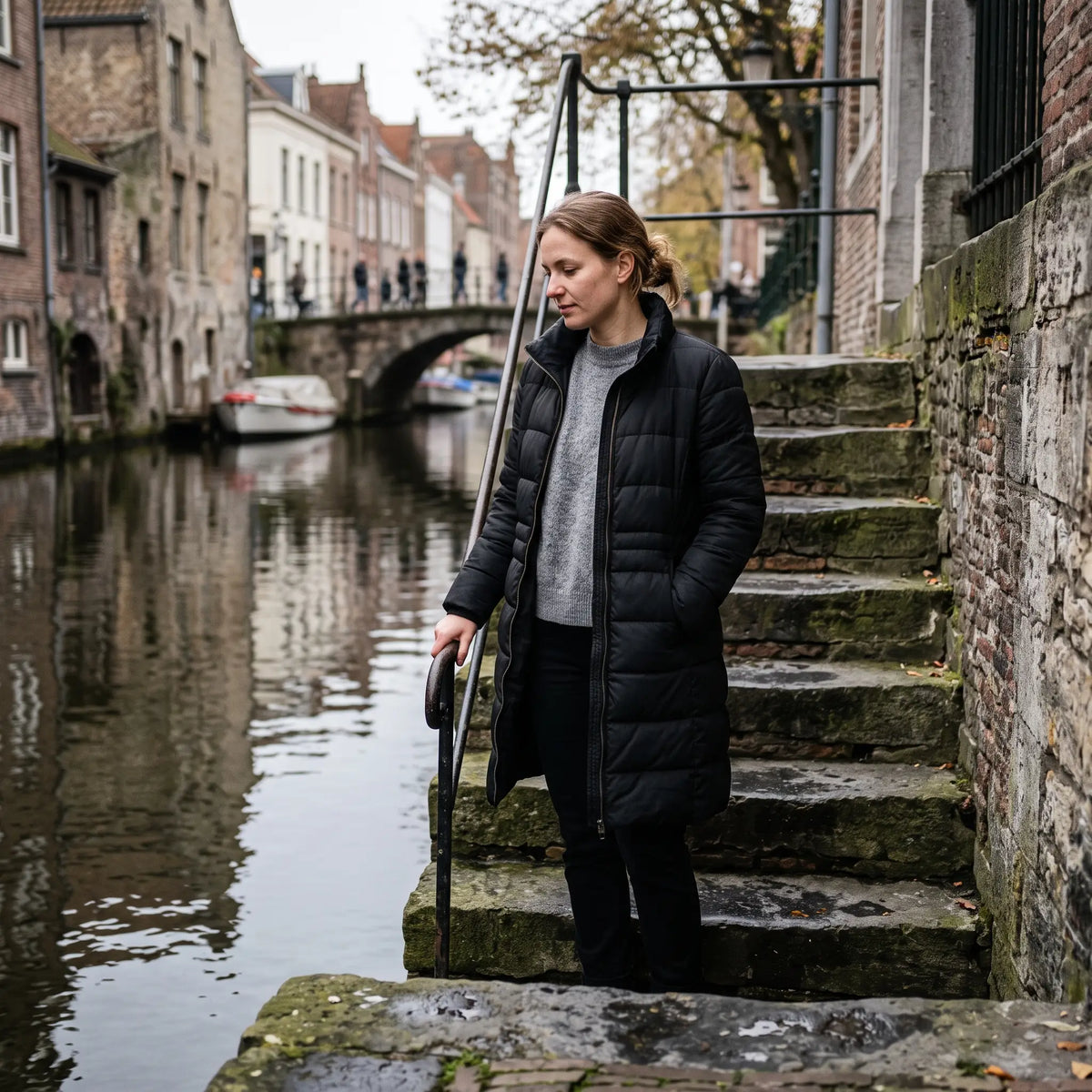 Women's Long Winter Coat - Black - canal steps