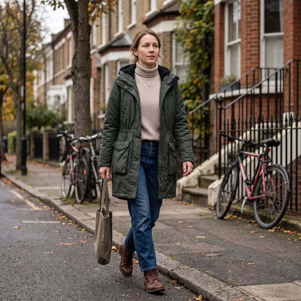 Women's Warm-Lined Long Parka - Dark Green - tree-lined street