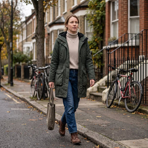 Women's Warm-Lined Long Parka - Dark Green - tree-lined street