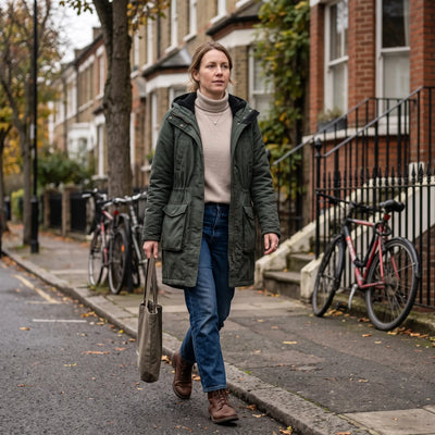 Women's Warm-Lined Long Parka - Dark Green - tree-lined street