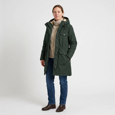 Women's Warm-Lined Long Parka - Dark Green - studio hero