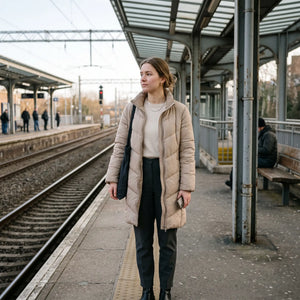 Women's Long Winter Coat - Beige - station platform