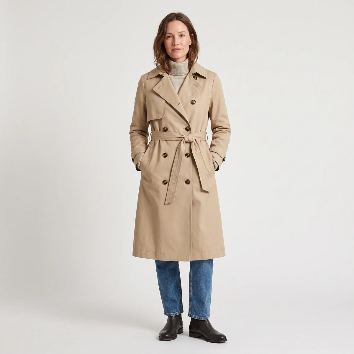 Women's Double-Breasted Trench Coat - Beige - studio hero