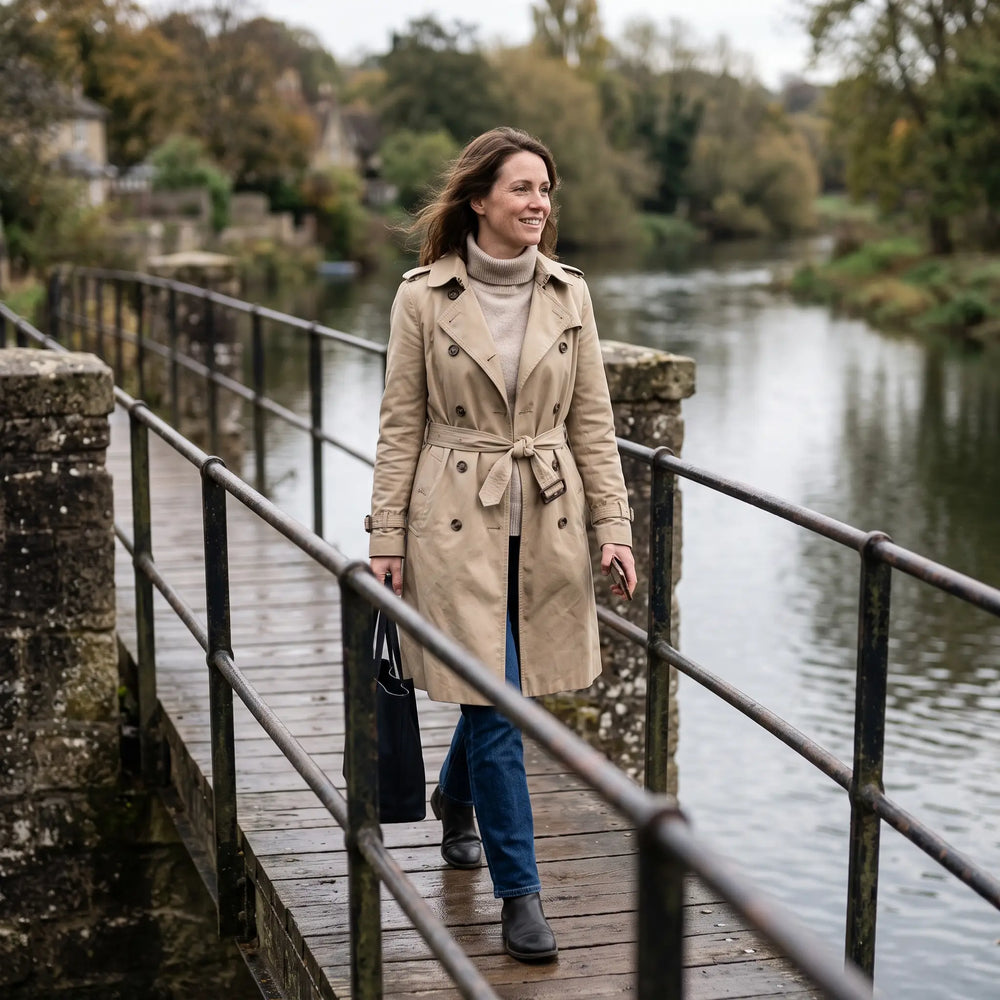 Women's Double-Breasted Trench Coat - Beige - riverside footbridge