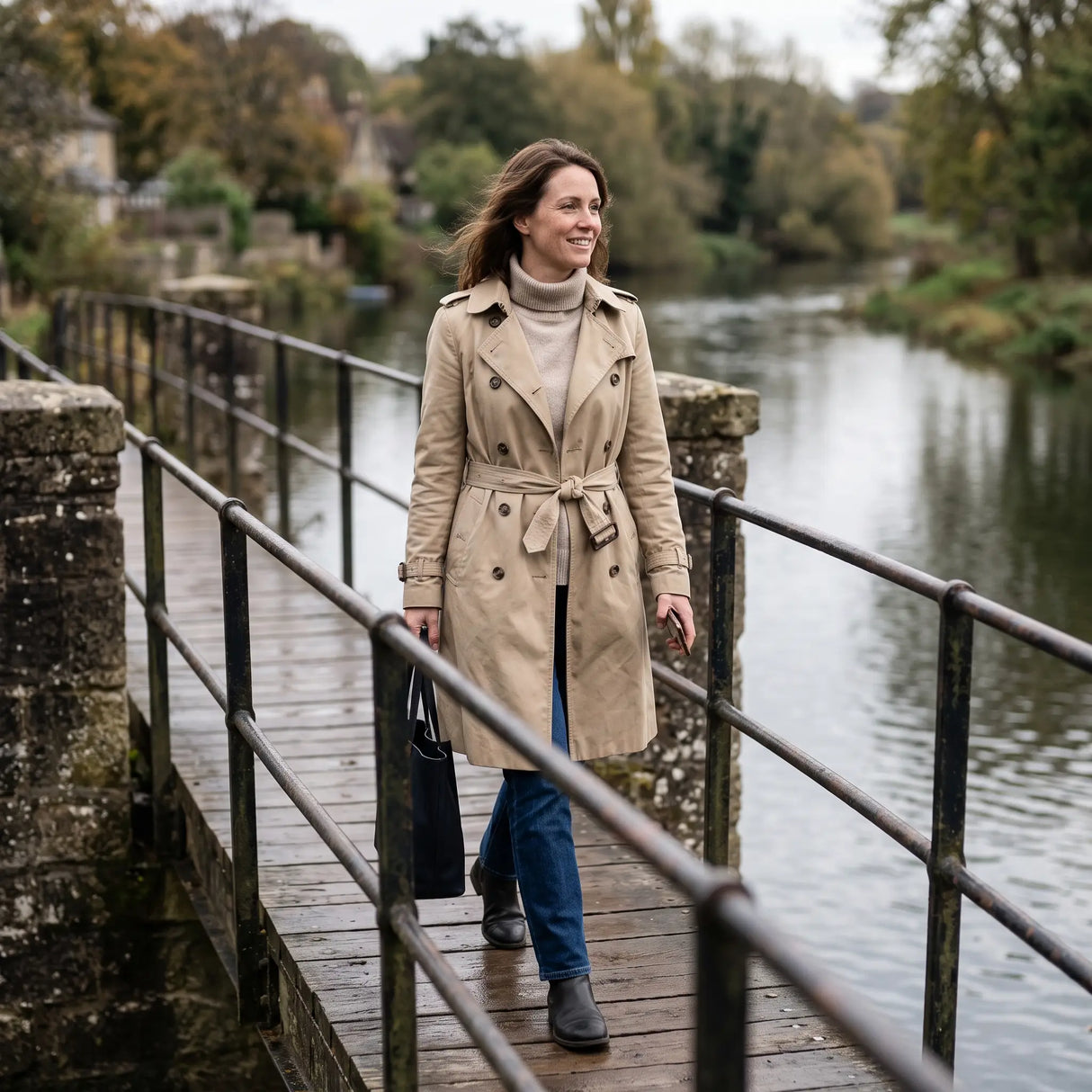 Women's Double-Breasted Trench Coat - Beige - riverside footbridge