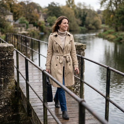 Women's Double-Breasted Trench Coat - Beige - riverside footbridge