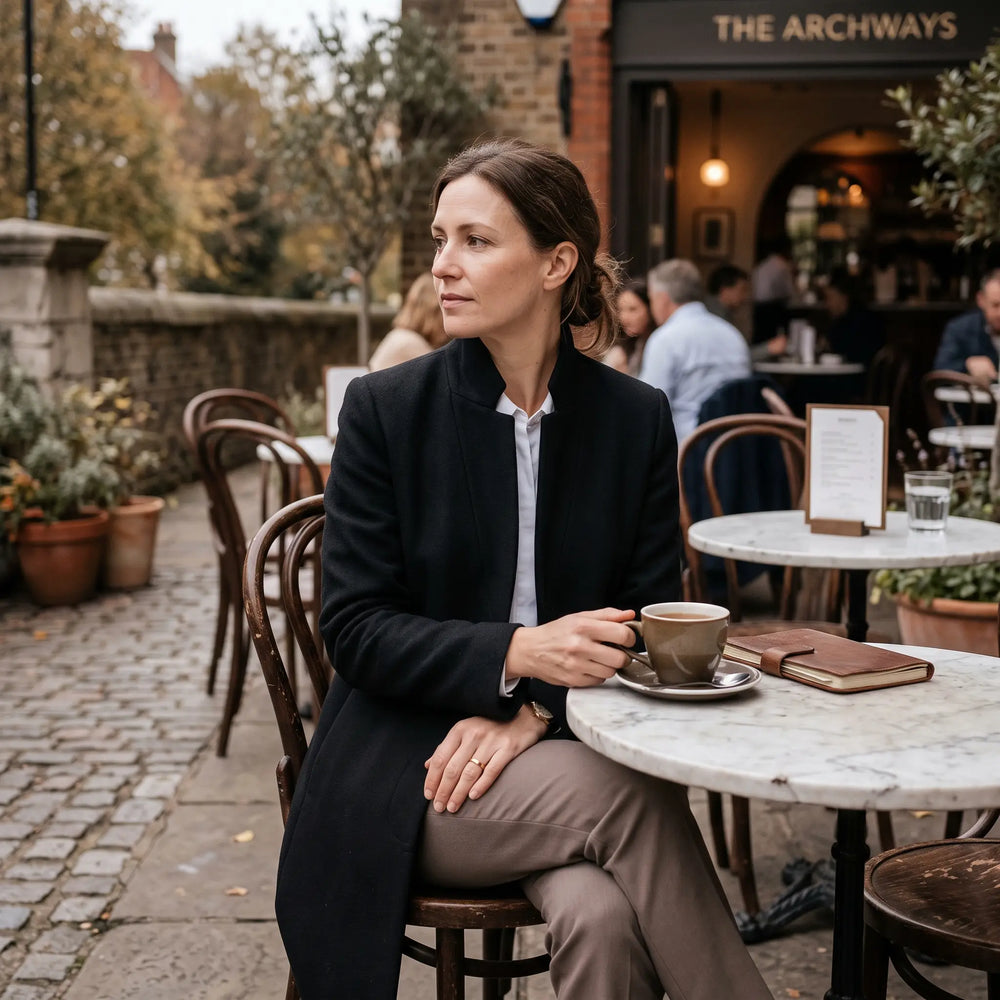 Women's Stand-Collar Coat - Black - quiet cafe terrace