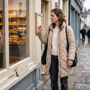 Women's Long Winter Coat - Beige - bakery window