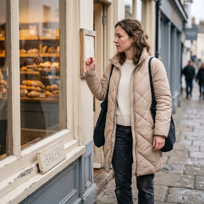 Women's Long Winter Coat - Beige - bakery window