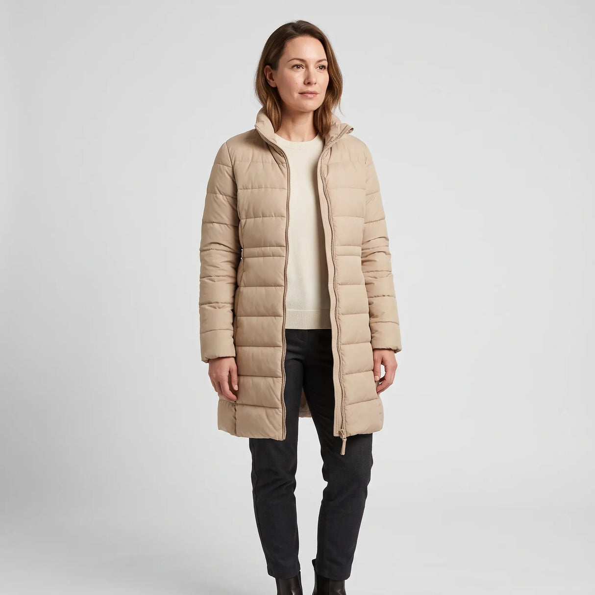 Women's Long Winter Coat - Beige - studio hero