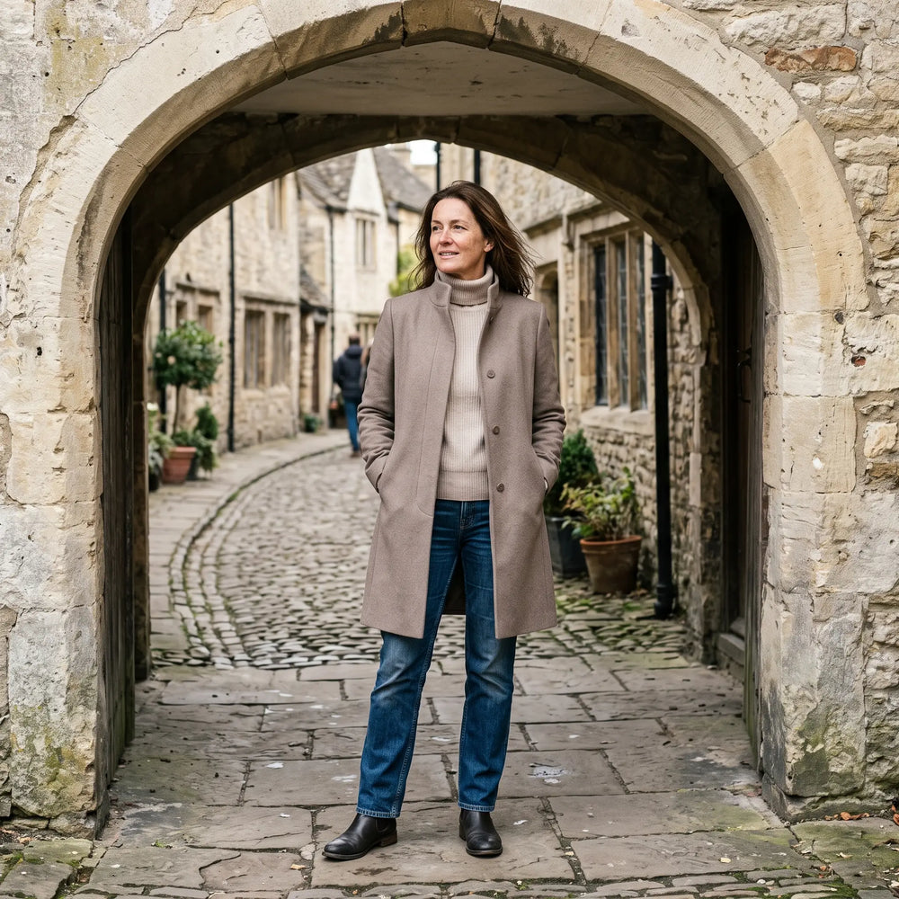 Women's Stand-Collar Coat - Taupe - pale stone archway