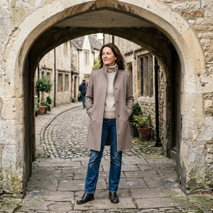 Women's Stand-Collar Coat - Taupe - pale stone archway