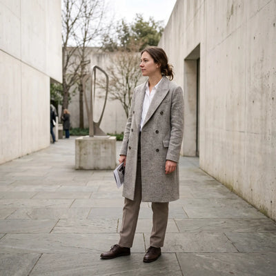 Women's Double-Breasted Coat - Grey Marl - gallery courtyard