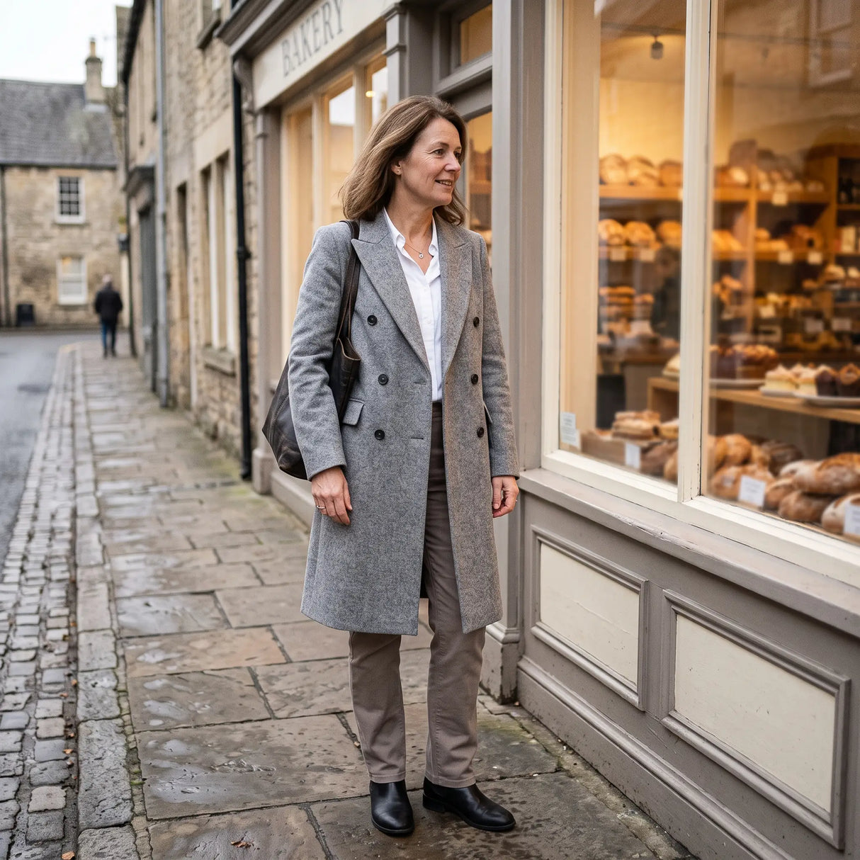 Women's Double-Breasted Coat - Grey Marl - bakery window