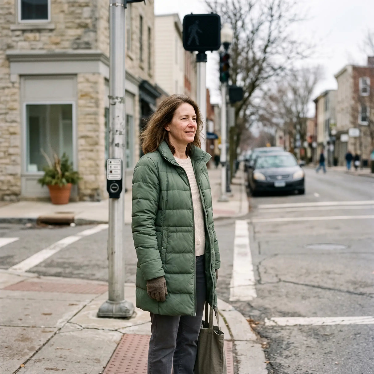 Women's Winter Coat - Green - calm side street