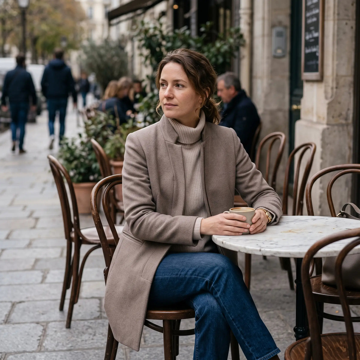 Women's Stand-Collar Coat - Taupe - quiet cafe terrace