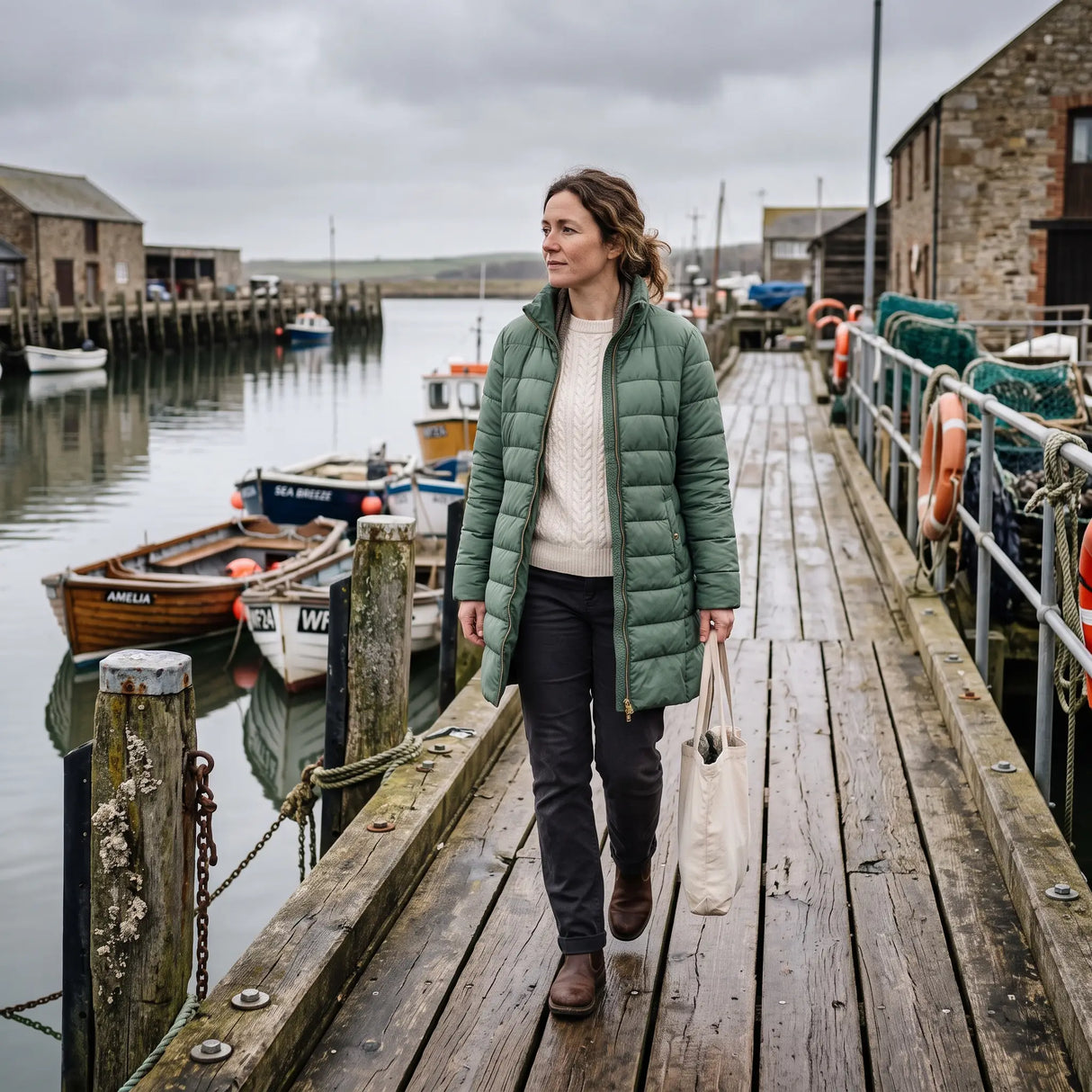 Women's Winter Coat - Green - harbour walkway