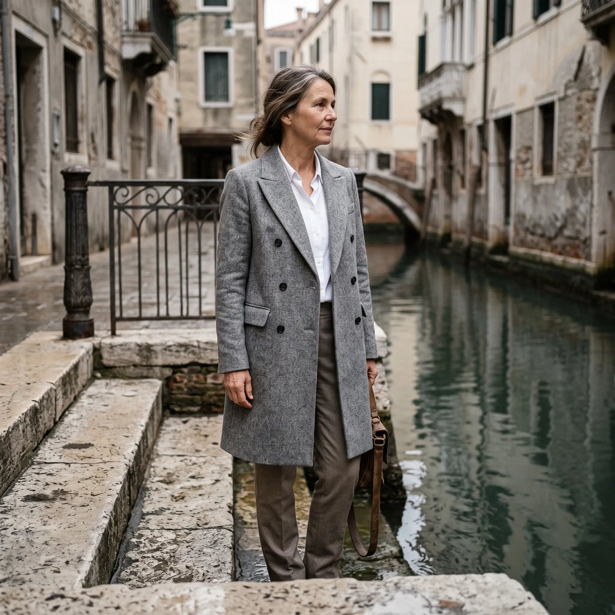 Women's Double-Breasted Coat - Grey Marl - canal steps