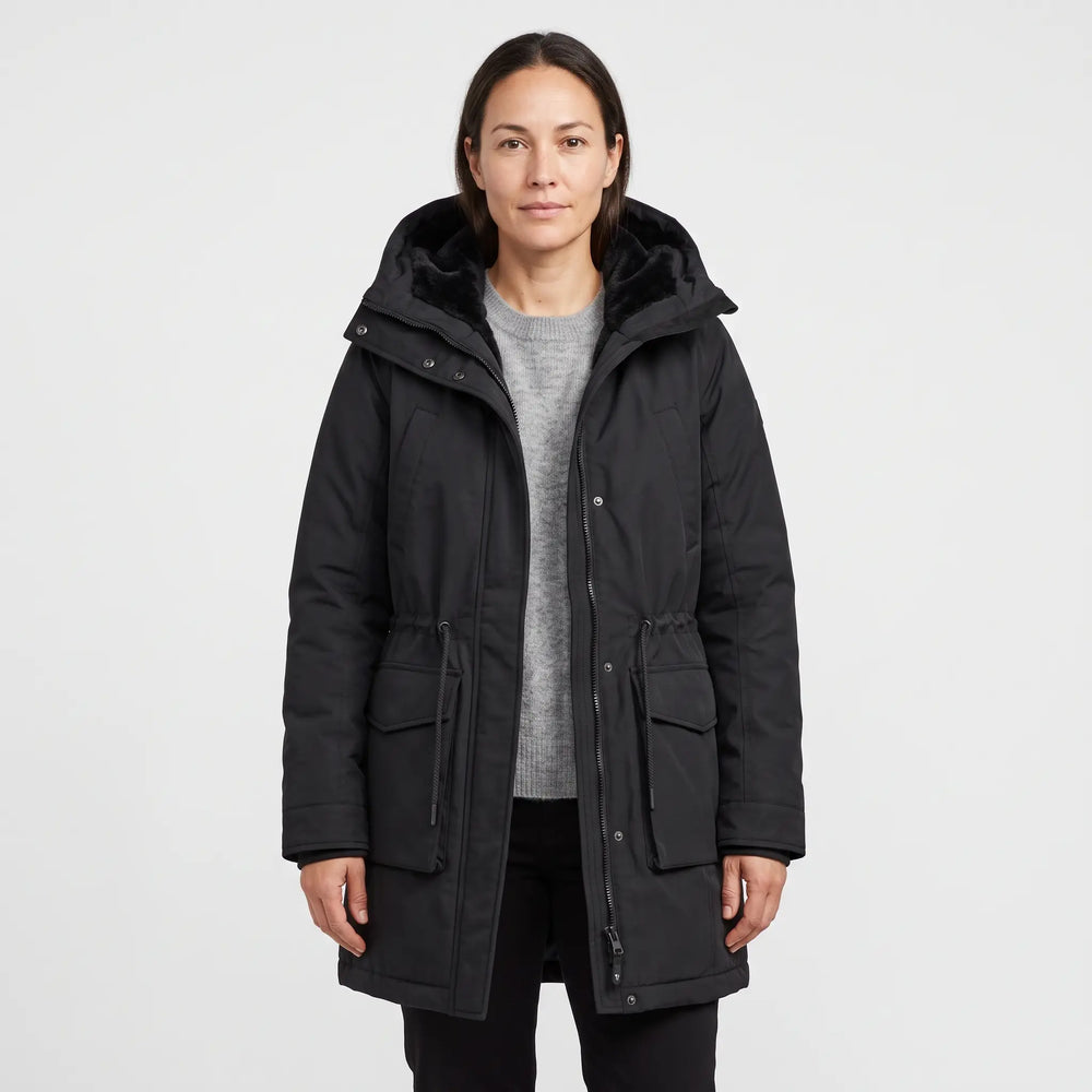 Women's Warm-Lined Long Parka - Black - studio hero