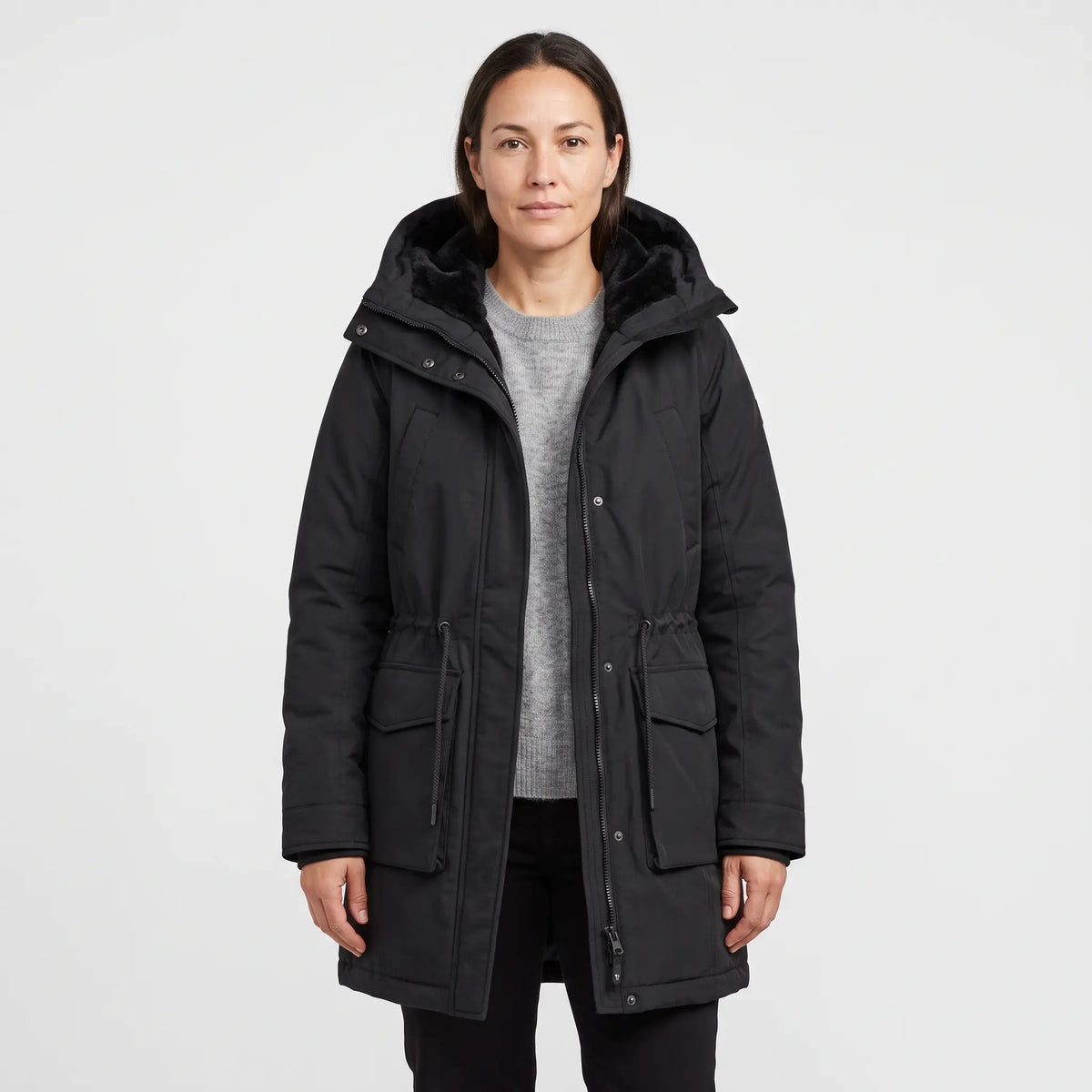 Women's Warm-Lined Long Parka - Black - studio hero