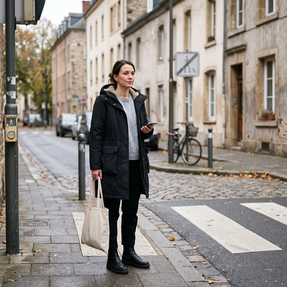Women's Warm-Lined Long Parka - Black - calm side street