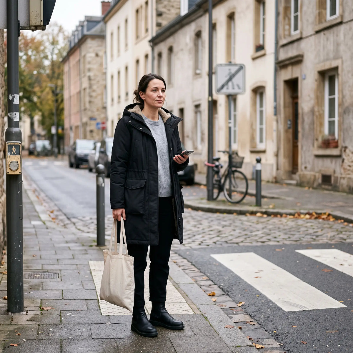 Women's Warm-Lined Long Parka - Black - calm side street