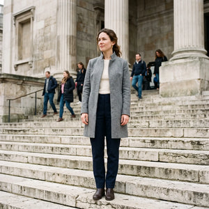 Women's Stand-Collar Coat - Grey Marl - museum steps