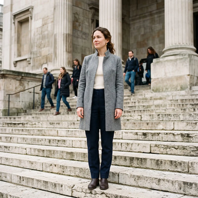 Women's Stand-Collar Coat - Grey Marl - museum steps