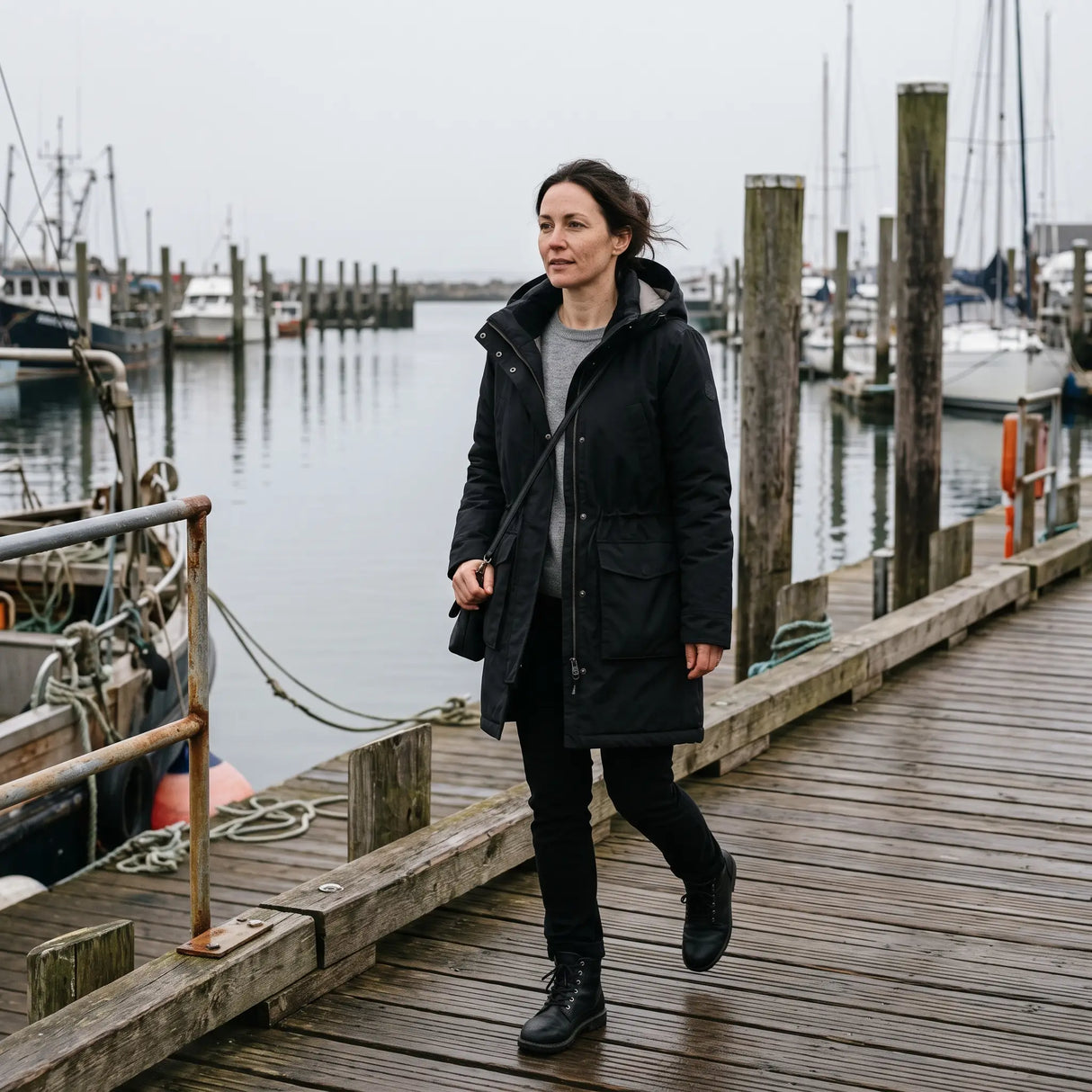 Women's Warm-Lined Long Parka - Black - harbour walkway