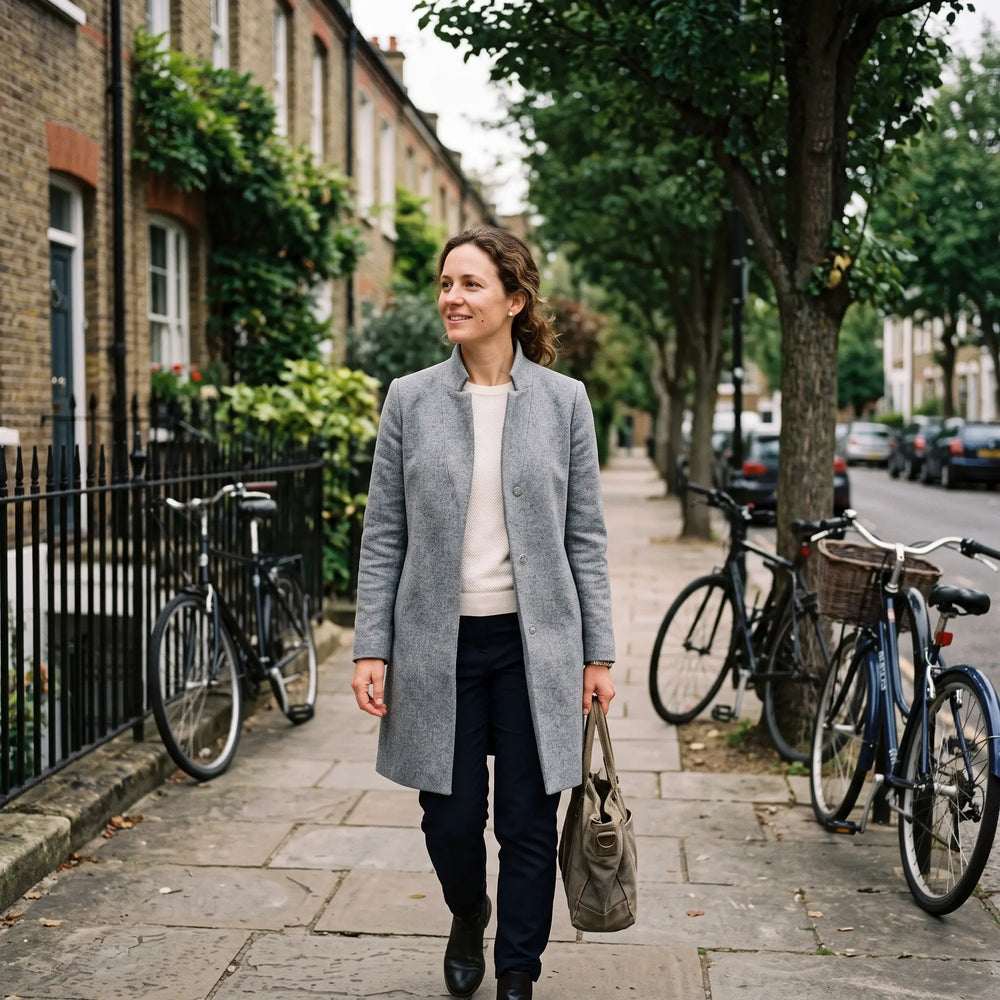 Women's Stand-Collar Coat - Grey Marl - tree-lined street