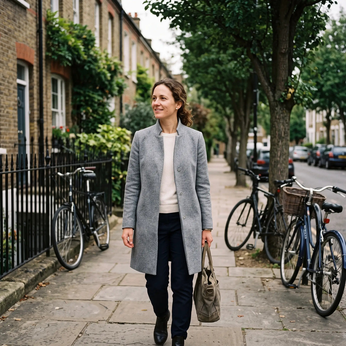 Women's Stand-Collar Coat - Grey Marl - tree-lined street