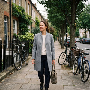 Women's Stand-Collar Coat - Grey Marl - tree-lined street