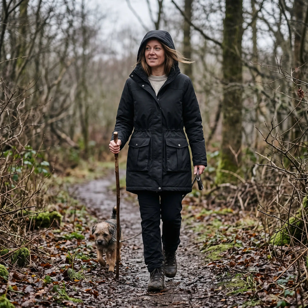 Women's Warm-Lined Long Parka - Black - woodland trail