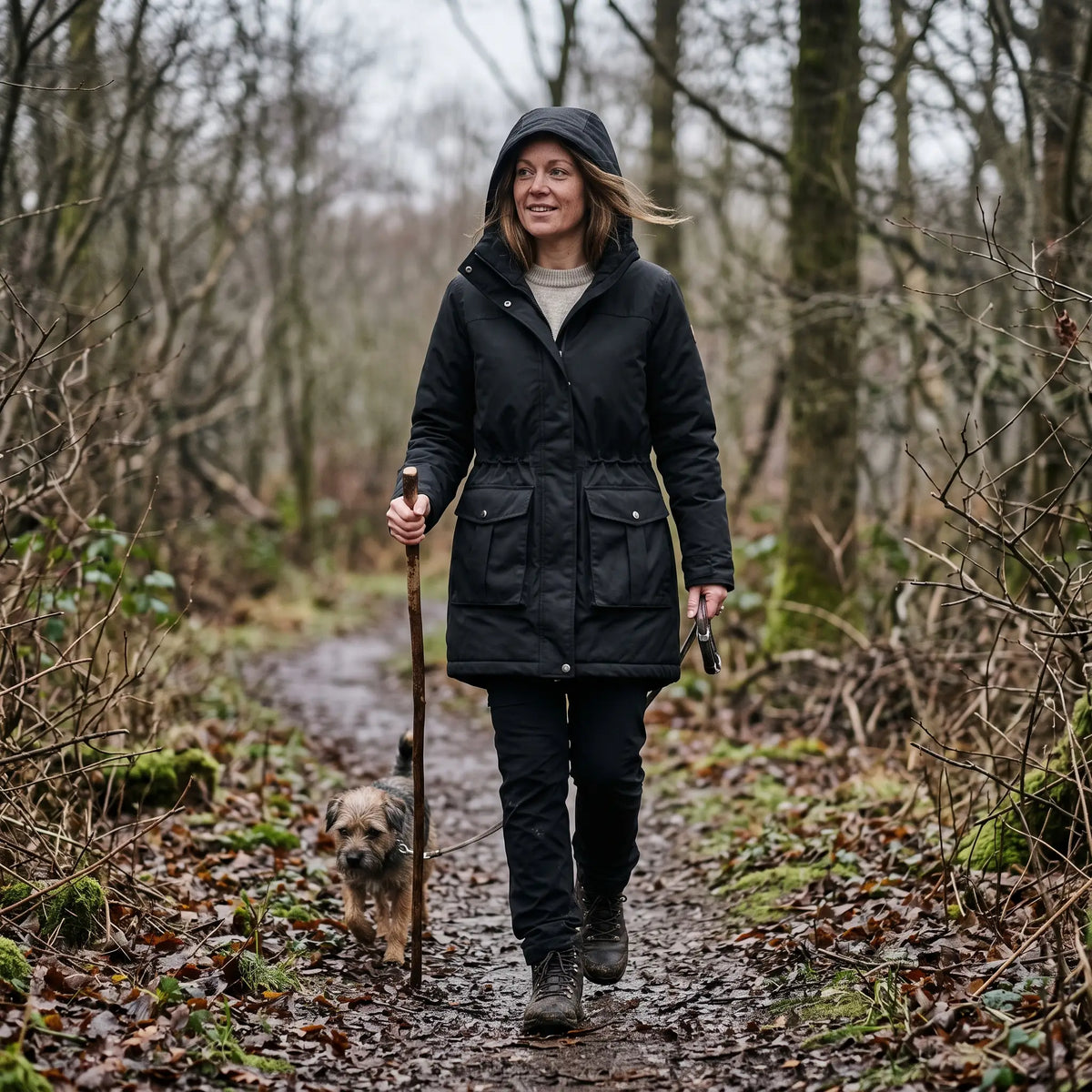 Women's Warm-Lined Long Parka - Black - woodland trail