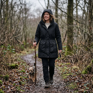 Women's Warm-Lined Long Parka - Black - woodland trail