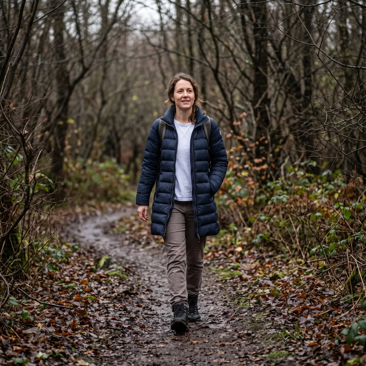 Women's Down Coat - Navy - woodland trail