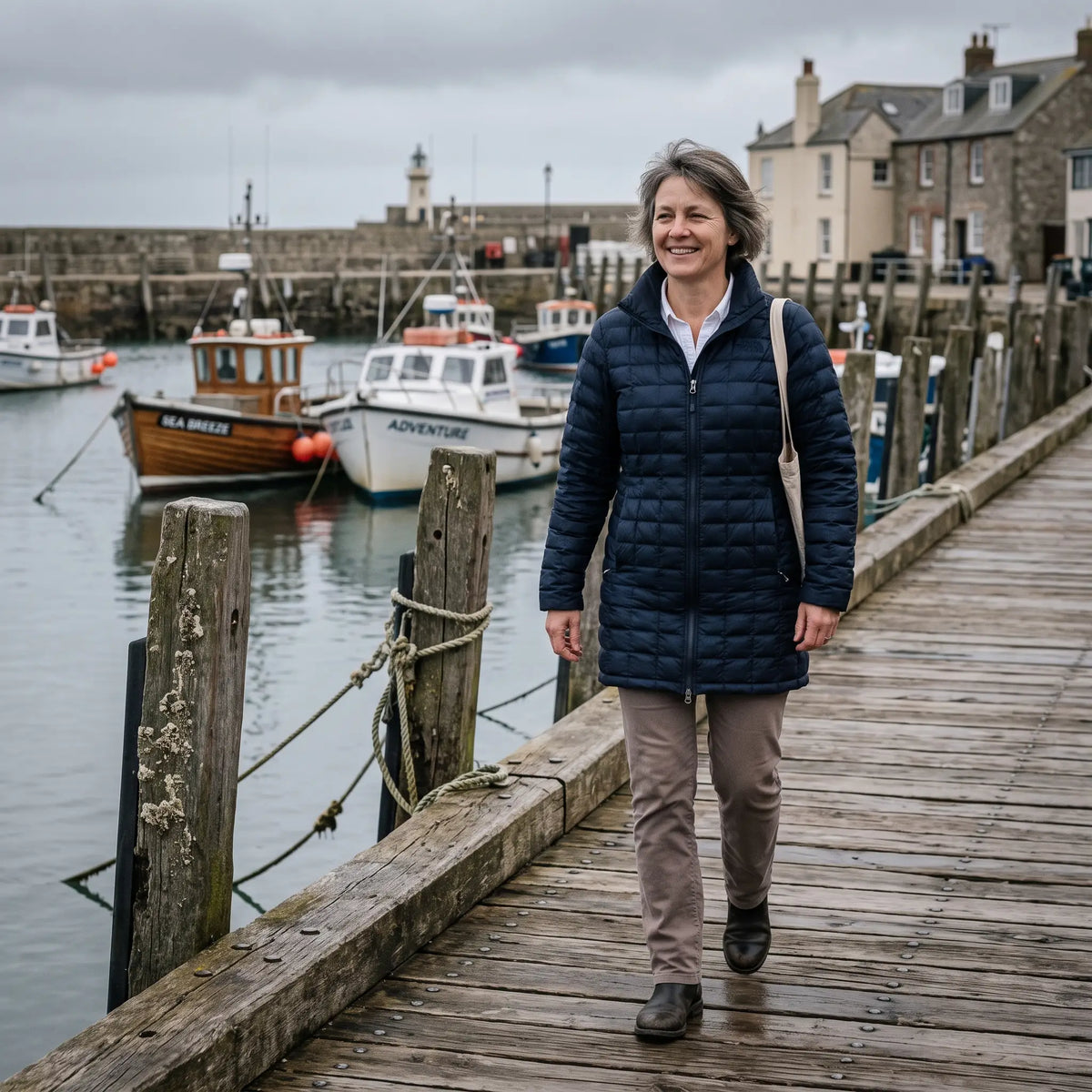 Women's Down Coat - Navy - harbour walkway