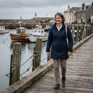 Women's Down Coat - Navy - harbour walkway