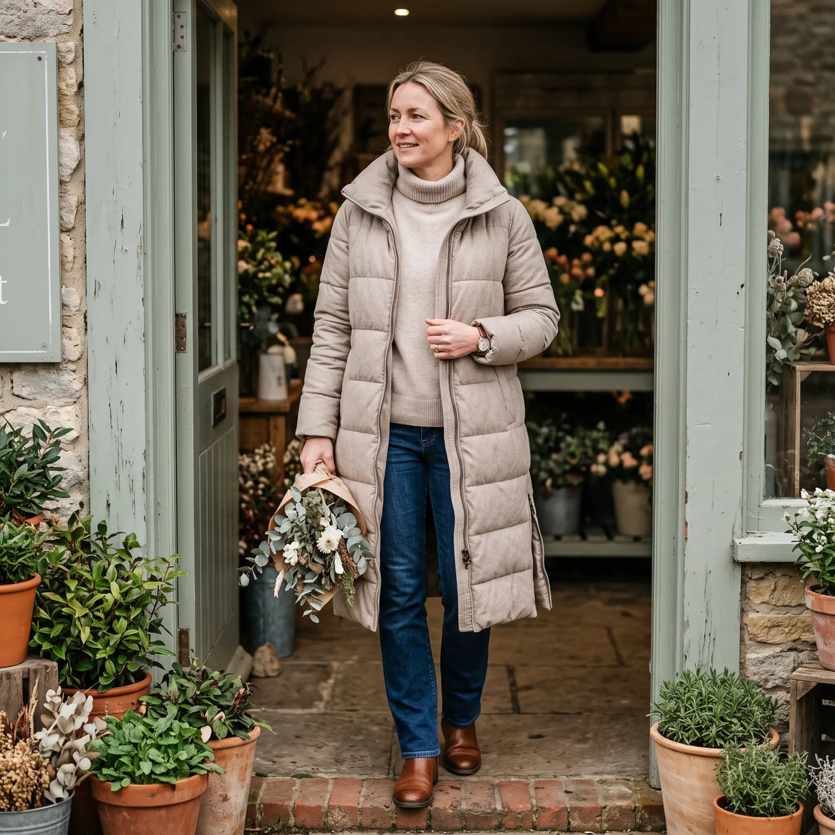 Women's Padded Coat with Side Zips - Dark Beige - florist doorway