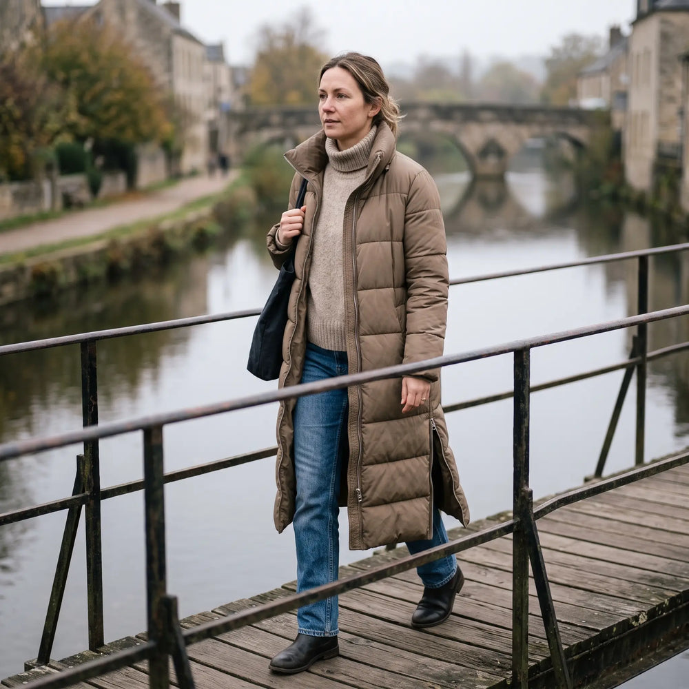 Women's Padded Coat with Side Zips - Dark Beige - riverside footbridge