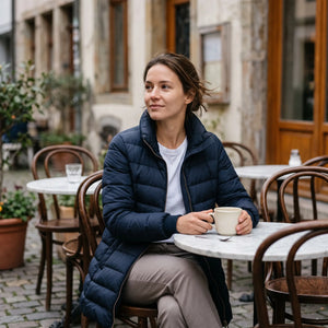 Women's Down Coat - Navy - quiet cafe terrace