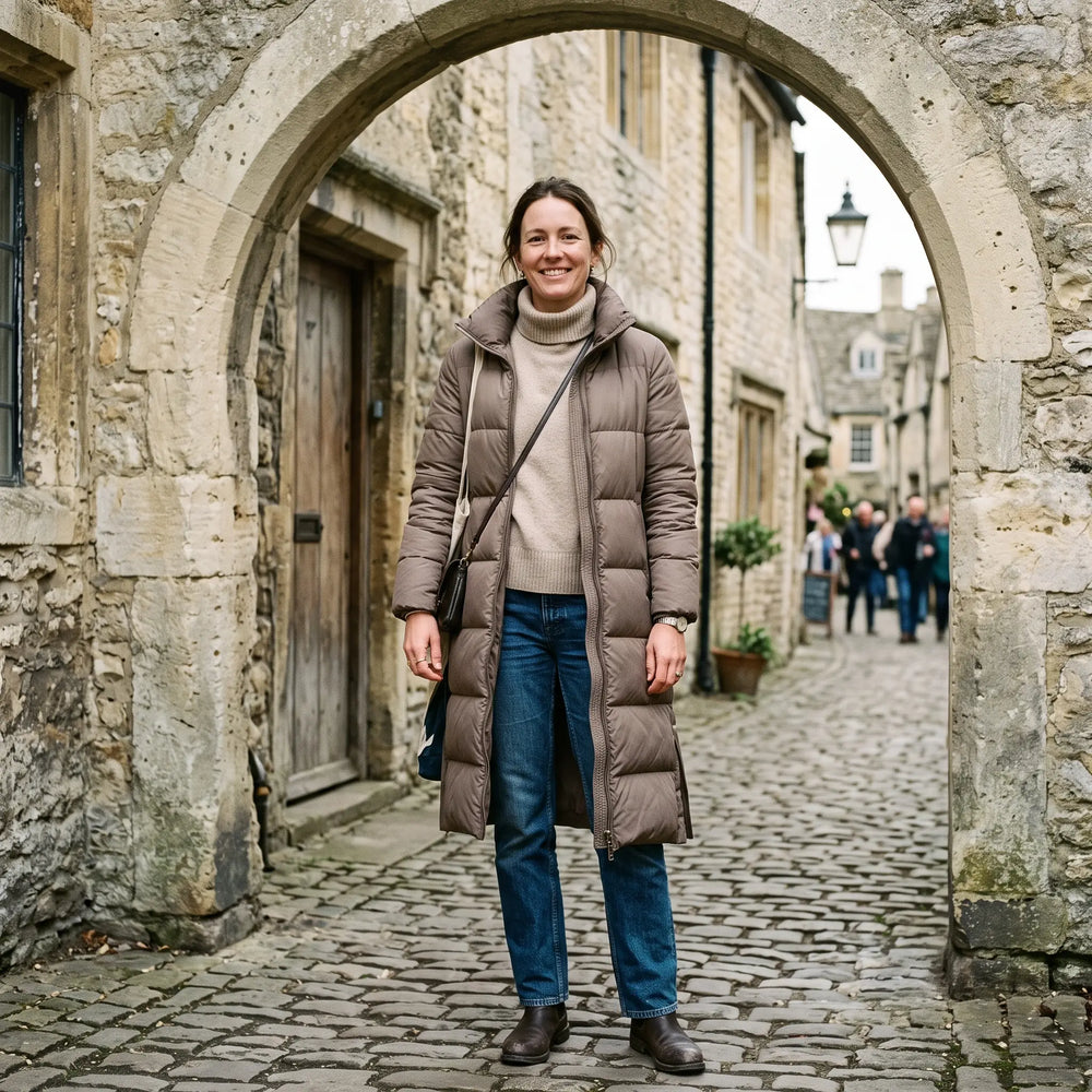 Women's Padded Coat with Side Zips - Dark Beige - pale stone archway